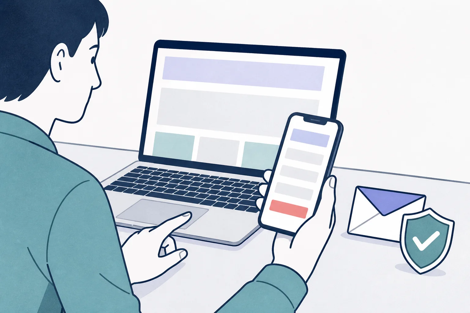 パソコンとスマートフォンでAI生成サイトの表示やフォームを確認しているイラスト