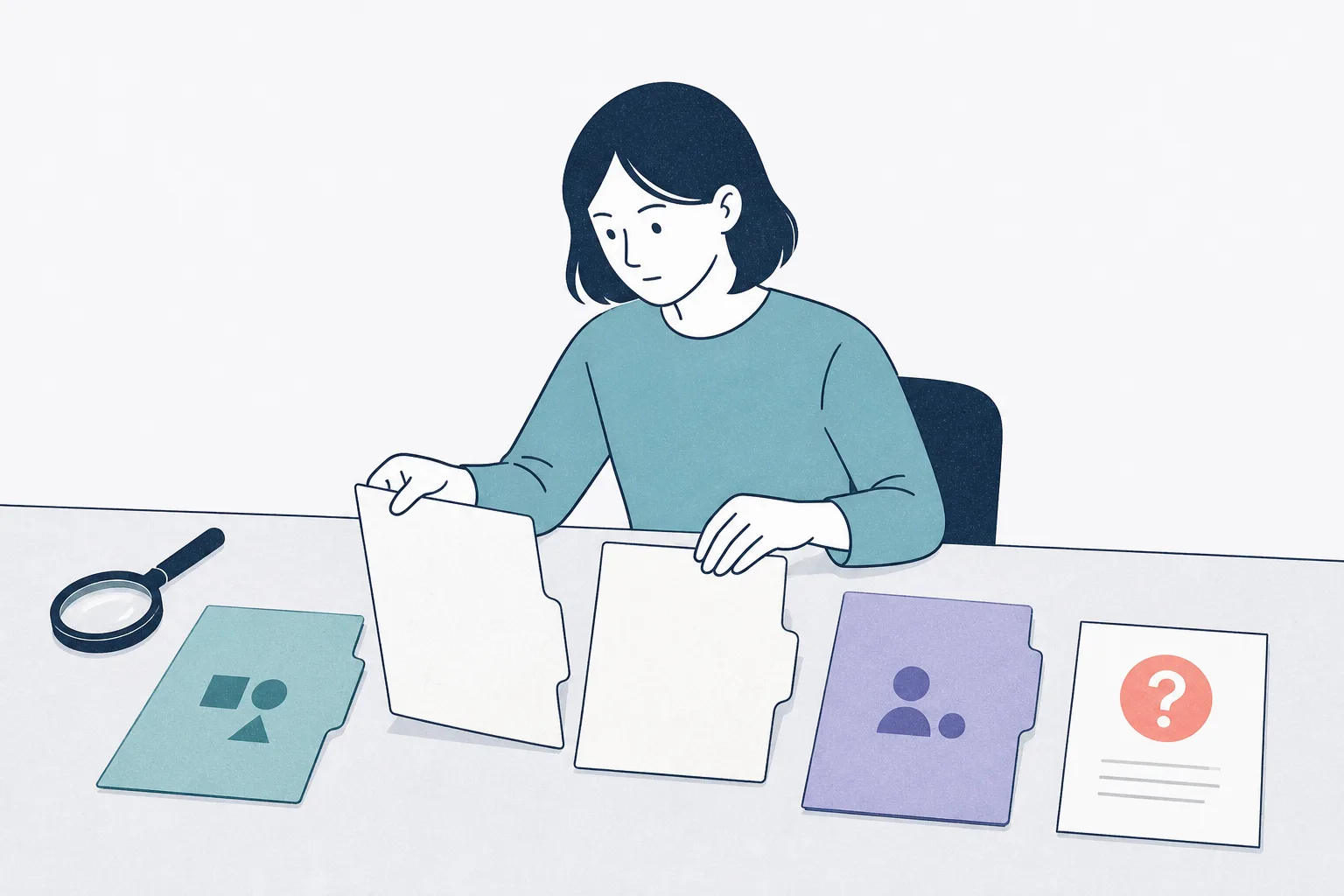 会社情報を整理し、虫眼鏡でサービスや事例、FAQを確認しているイラスト